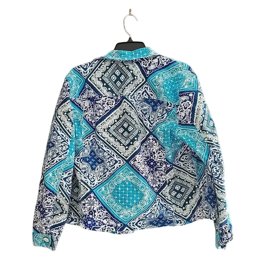 Coldwater Creek Blue Argyle Paisley Button Front Long Sleeve Top Womans Size XL‎